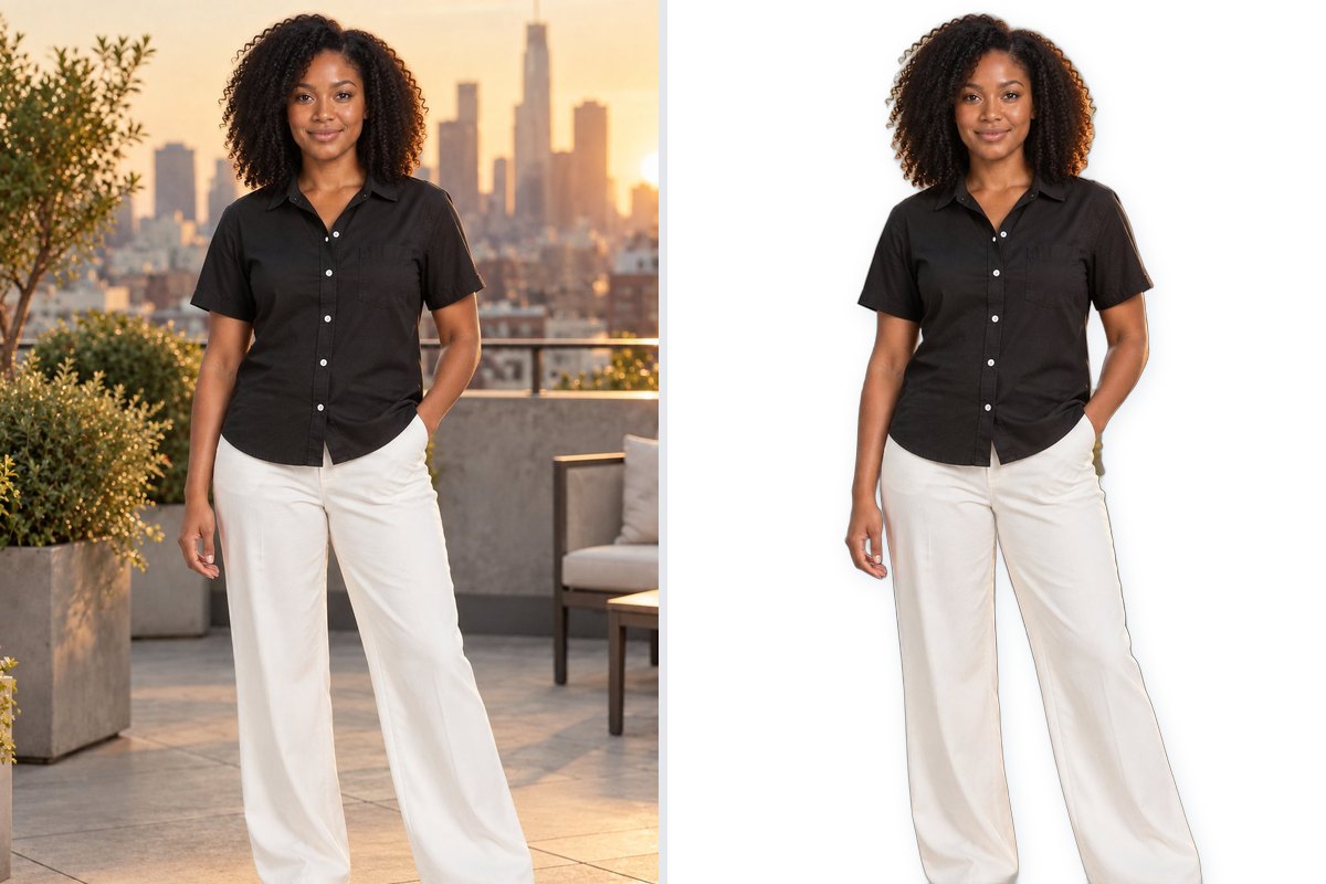 The same shirt shot before and after one-click background removal, the result on plain white