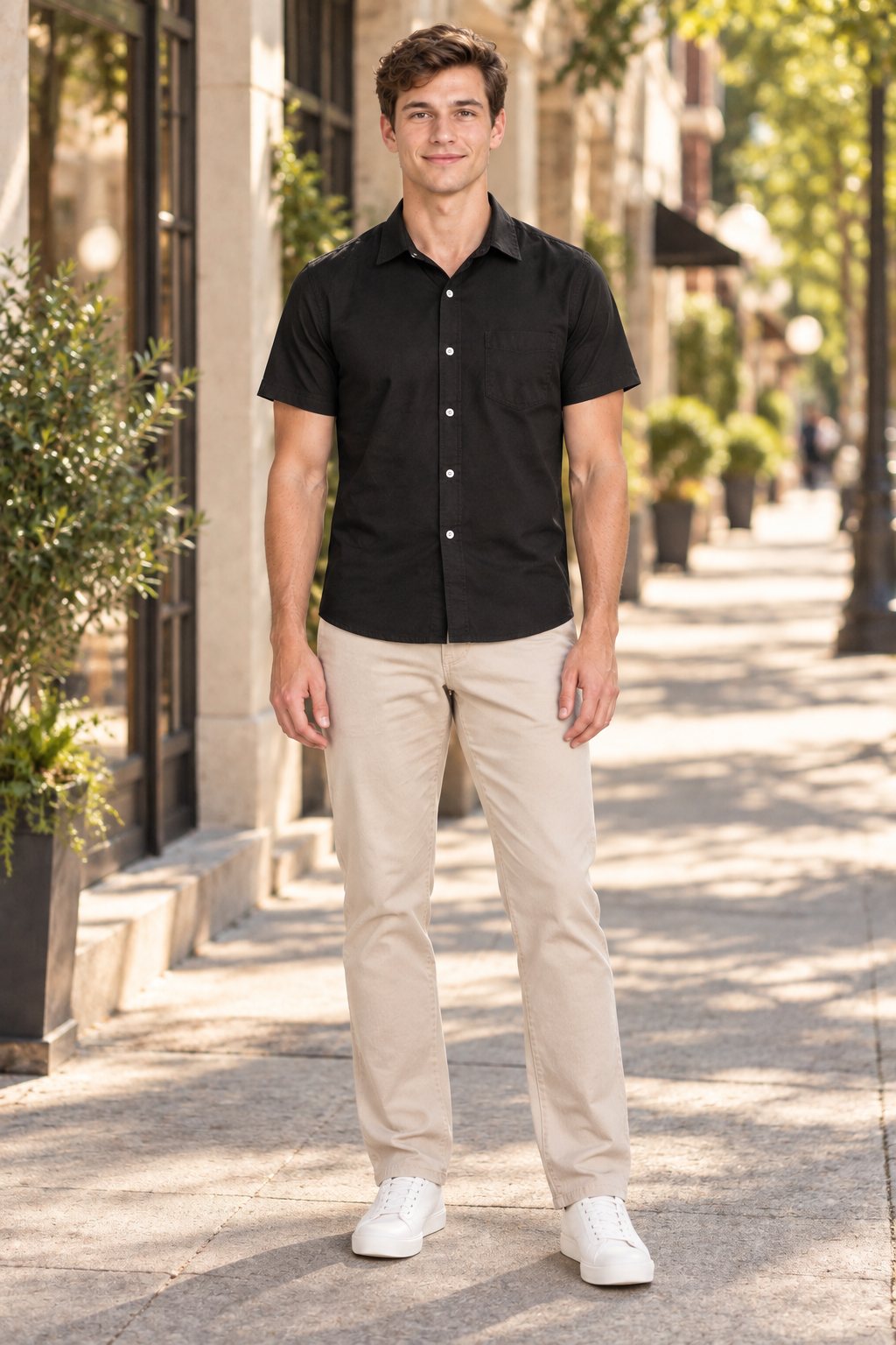 AI-generated mockup — model in a black short-sleeve shirt on a city street