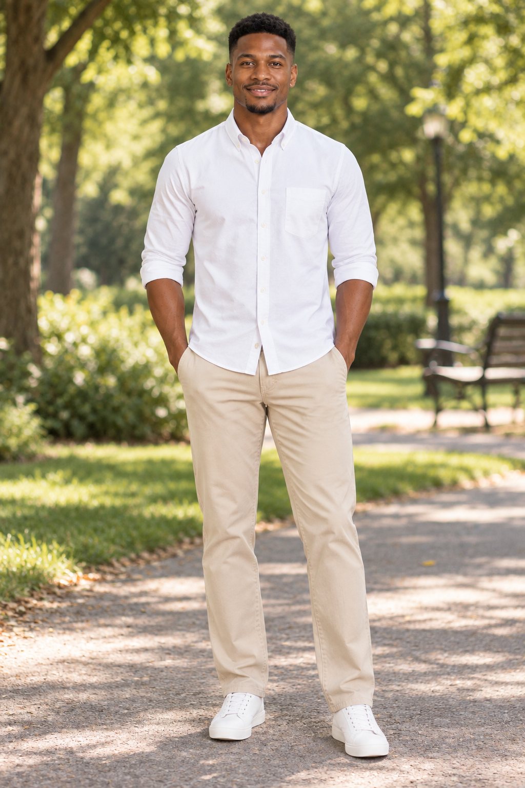 AI-generated mockup — model in a white oxford shirt and chinos in a park