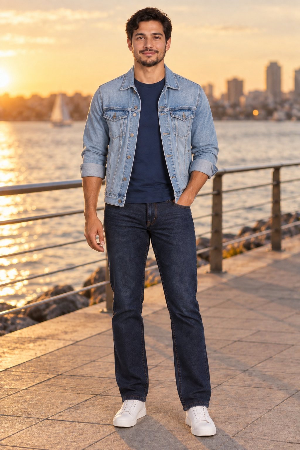 AI-generated mockup — model in a denim jacket and jeans on a waterfront promenade