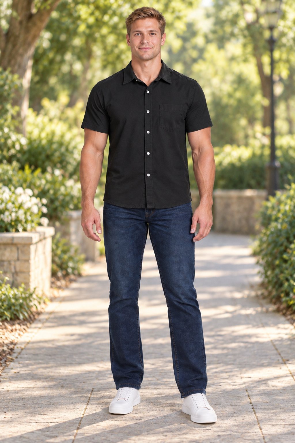 AI-generated mockup — model in a black shirt and dark jeans on a leafy park path