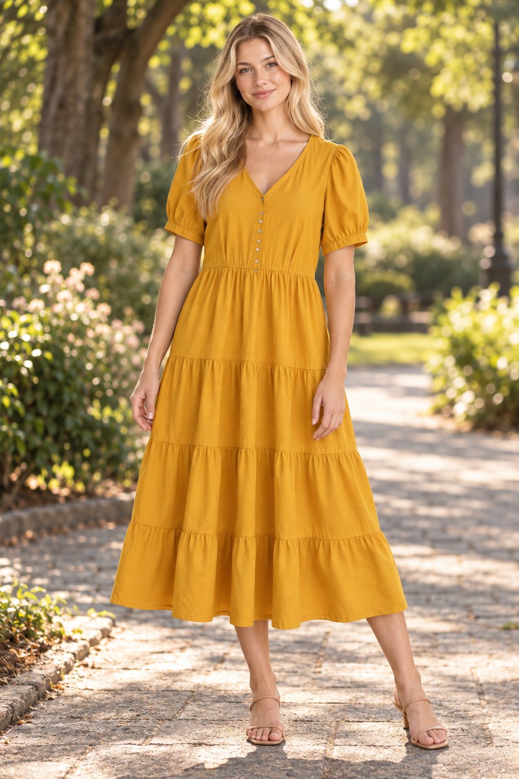 AI-generated mockup — model in a mustard tiered midi dress on a sunlit park path