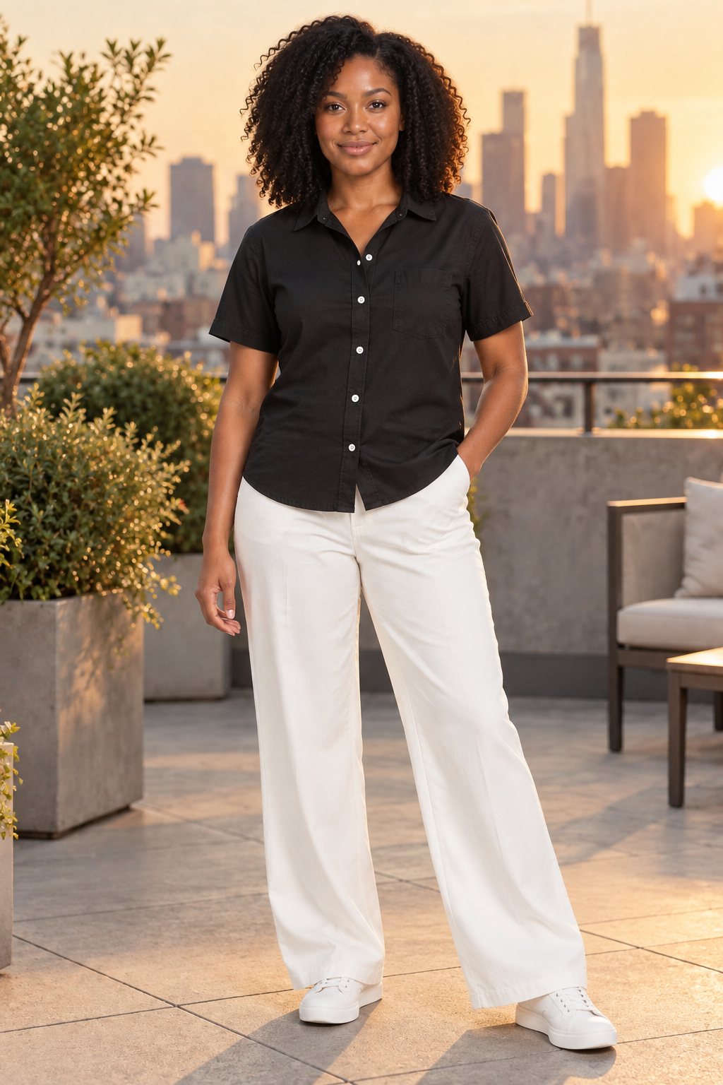 AI-generated mockup — model in a black shirt and white trousers on a rooftop at golden hour