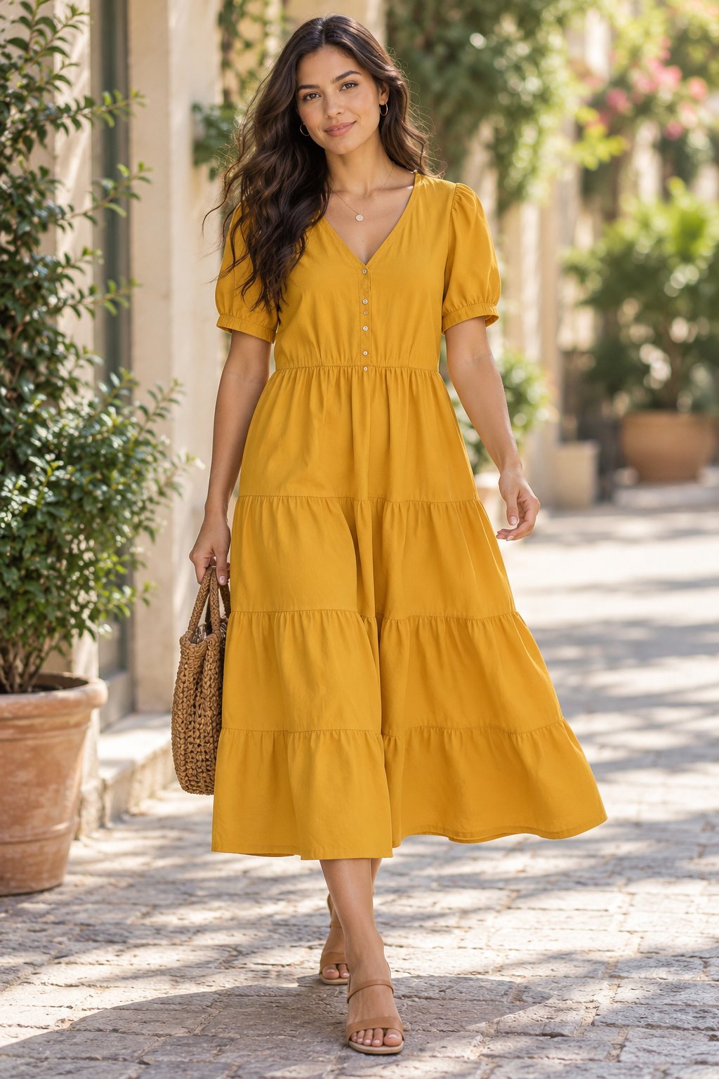 AI-generated mockup — model in a mustard tiered dress on a sunlit street