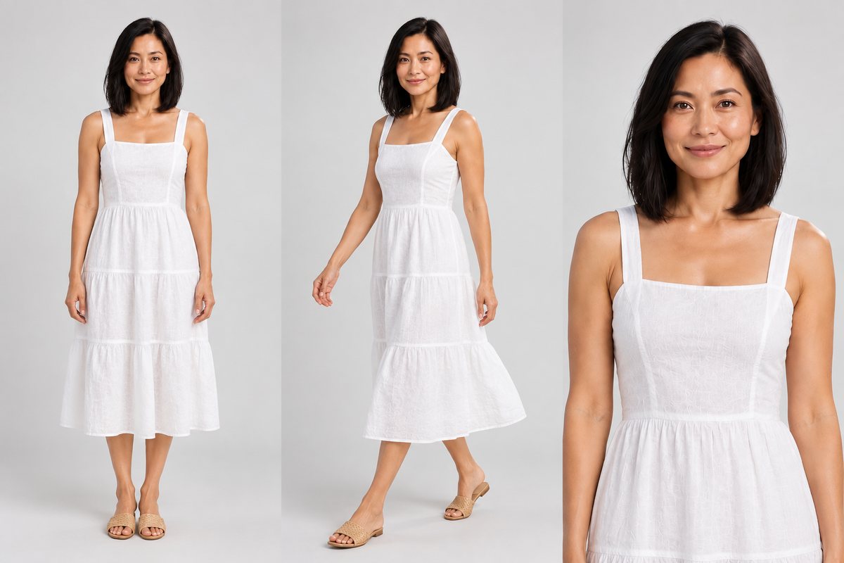 The same white linen dress worn by a standing model on a clean background