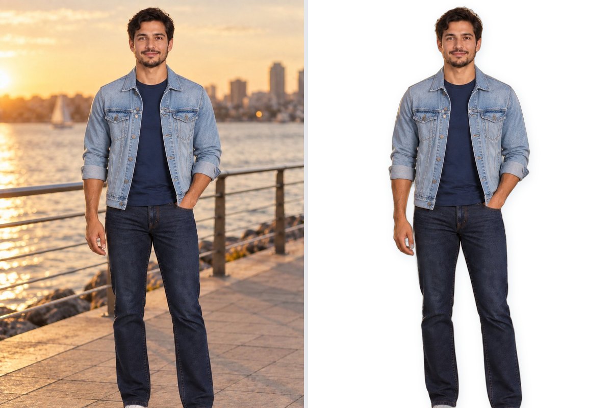 The same garment photo before and after one-click background removal