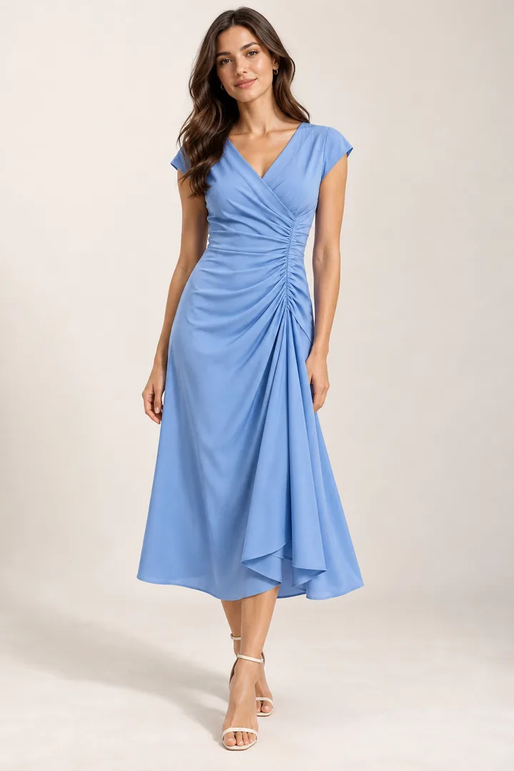 The same blue dress worn by a model in a studio shot