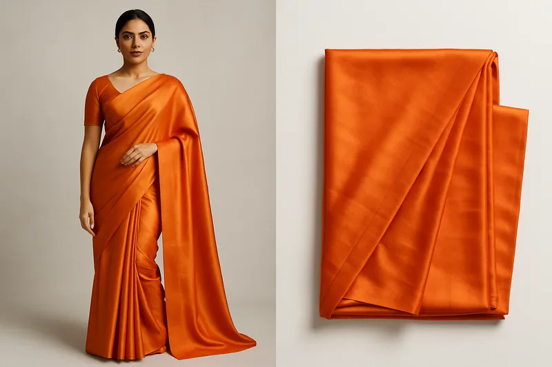 CatalogX AI try-on result — Indian model wearing the saree with drape-accurate pleats and pallu